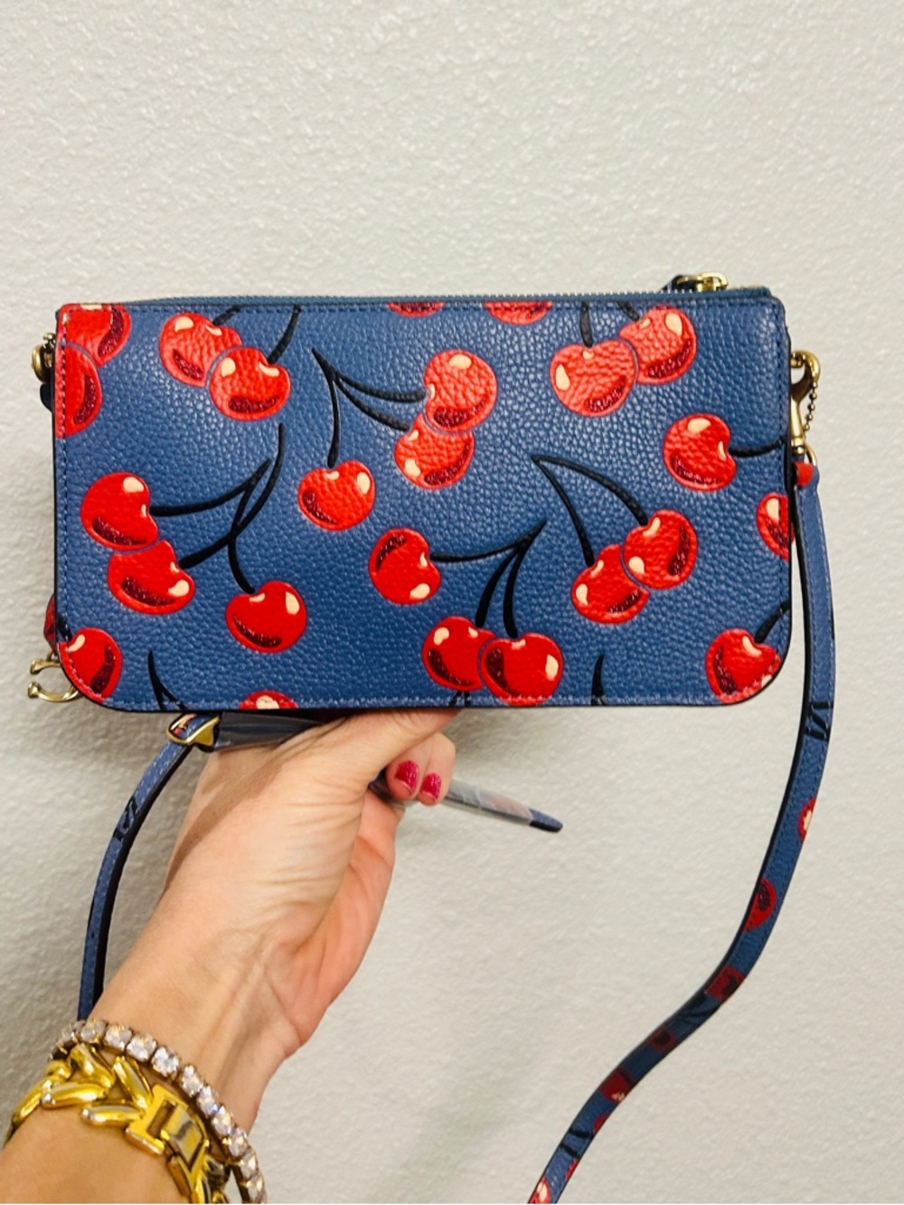 Coach Cherry Print Blue Crossbody Wallet Bag 8 inches New - Picture 9 of 12